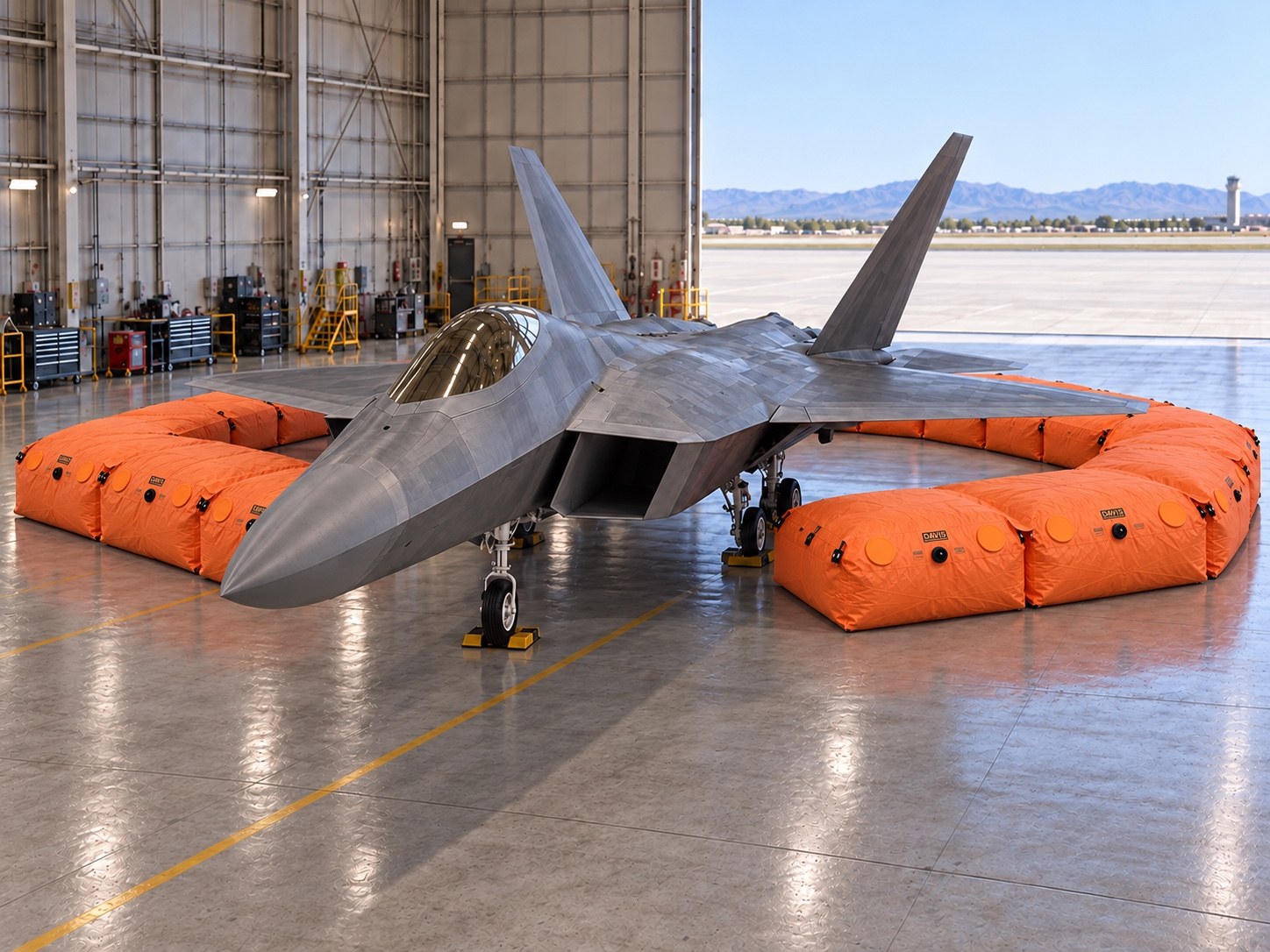 Davis fall protection bags positioned beside an aircraft in a hangar